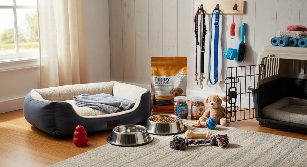 Berry Creek Labs & Cockers | Reserve Your English Lab Puppies for Spring 2026 Litters Now Puppy supplies and preparations including a dog bed, food and water bowls, puppy food, toys, a crate, and leashes in a cozy indoor setting, emphasizing essential items for new Labrador puppy owners.