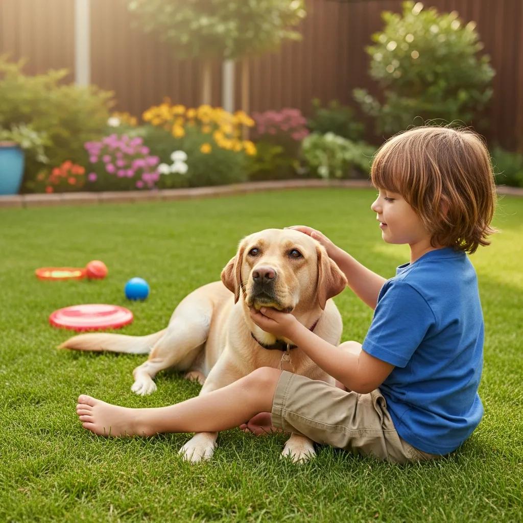 Berry Creek Labs & Cockers | Find Your Perfect British Labrador Puppies for Sale Today Child gently petting a British Labrador in a backyard, showcasing the dog's calm temperament and affectionate nature, with colorful flowers and toys in the background.