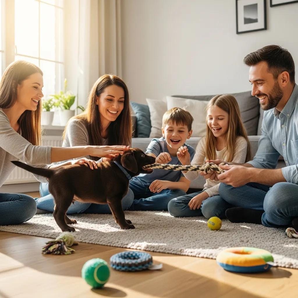 Berry Creek Labs & Cockers | Find the Best Lab Breeders Near Me: A Buyer's Guide Family interacting with a British Labrador puppy, showcasing early socialization and temperament evaluation, surrounded by toys in a cozy living room.
