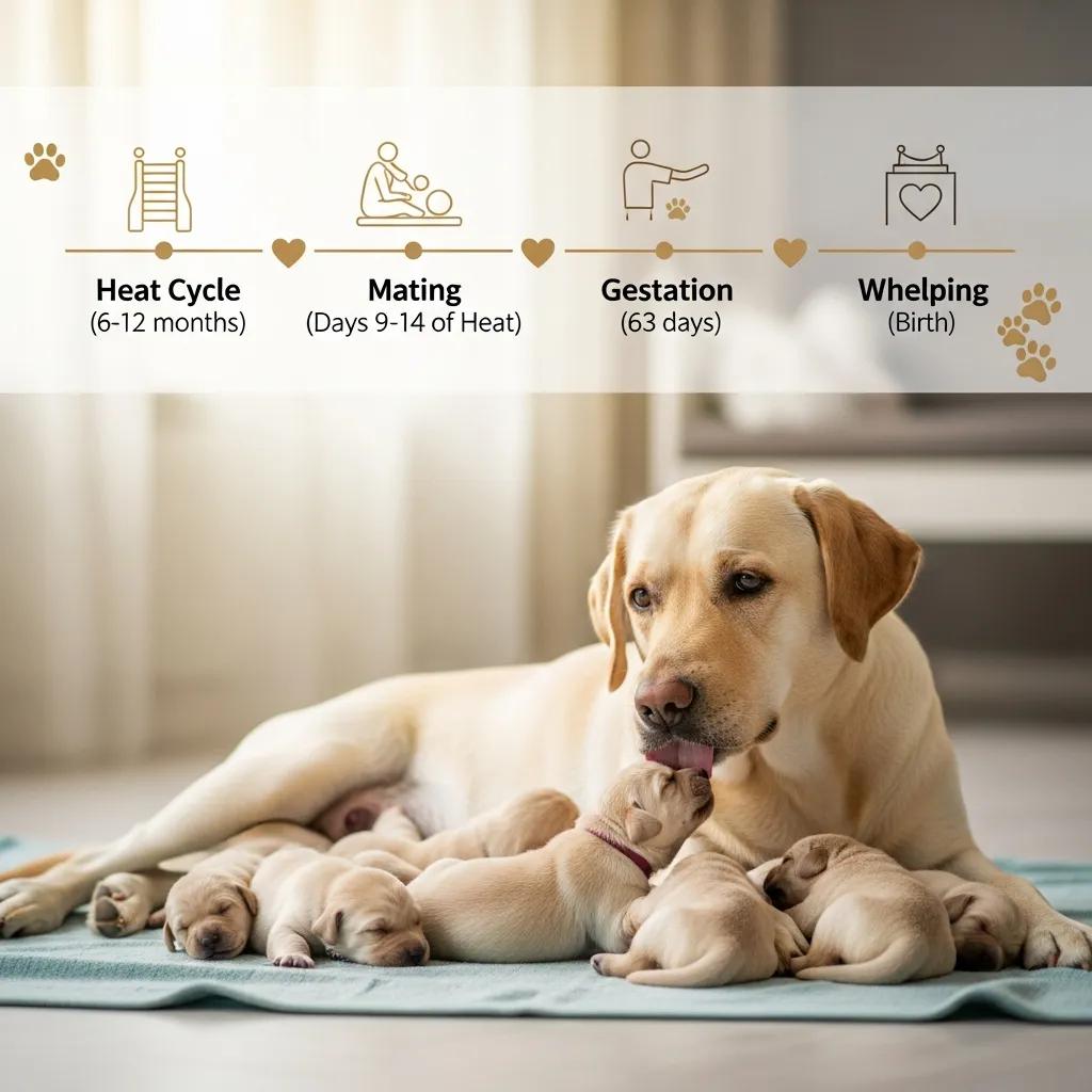 Berry Creek Labs & Cockers | Reserve Your English Lab Puppies for Spring 2026 Litters Now Labrador mother nurturing her puppies, illustrating the Labrador breeding timeline stages: heat cycle, mating, gestation, and whelping, emphasizing the importance of planning for prospective puppy owners.