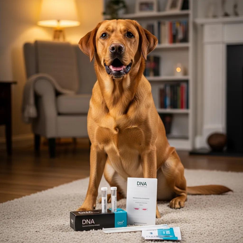 Berry Creek Labs & Cockers | Top English Labrador Breeders: Health Testing Essentials Labrador Retriever sitting beside a DNA testing kit, symbolizing genetic health testing for breeders, with a cozy indoor setting.