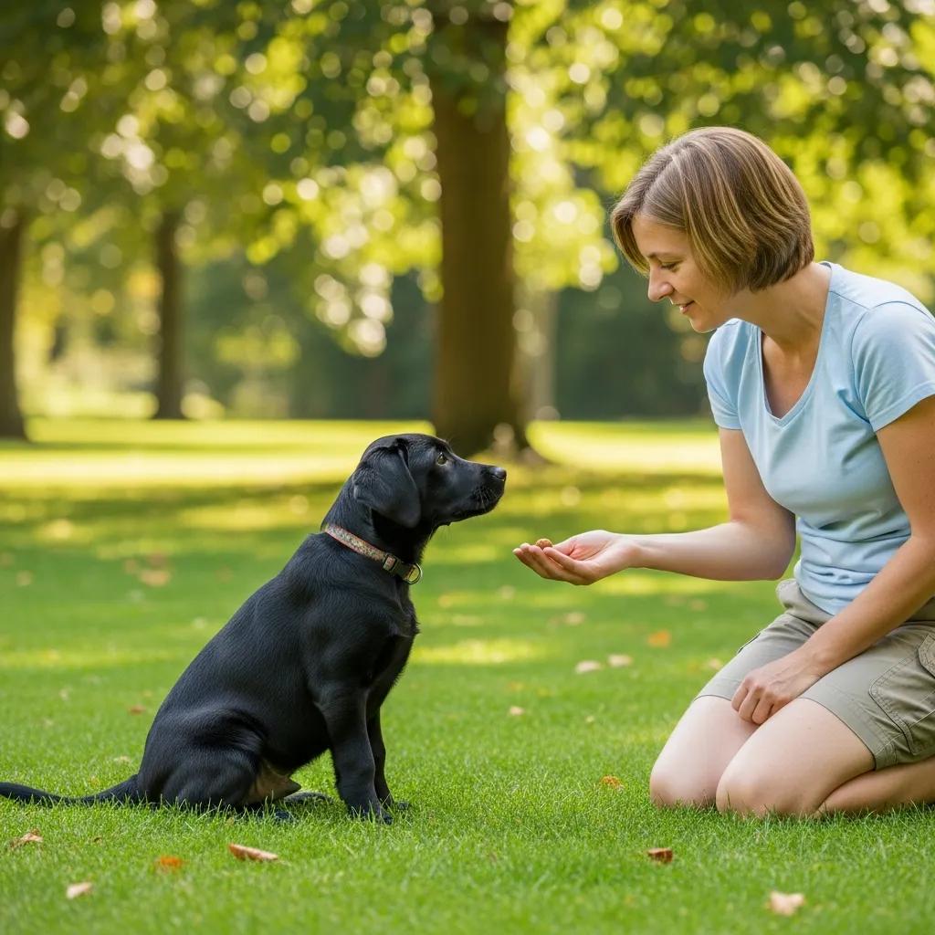 Berry Creek Labs & Cockers | Find Your Perfect British Labrador Puppies for Sale Today Woman training a British Labrador puppy in a park using positive reinforcement techniques, showcasing engagement and reward-based learning.