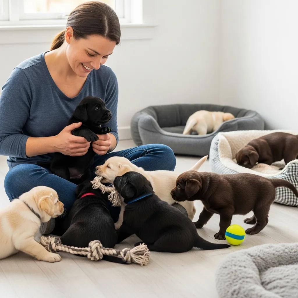 Berry Creek Labs & Cockers | Find the Best Lab Breeders Near Me: A Buyer's Guide Woman interacting with playful Labrador puppies in a nurturing environment, illustrating responsible breeding practices and socialization for healthy, well-adjusted dogs.