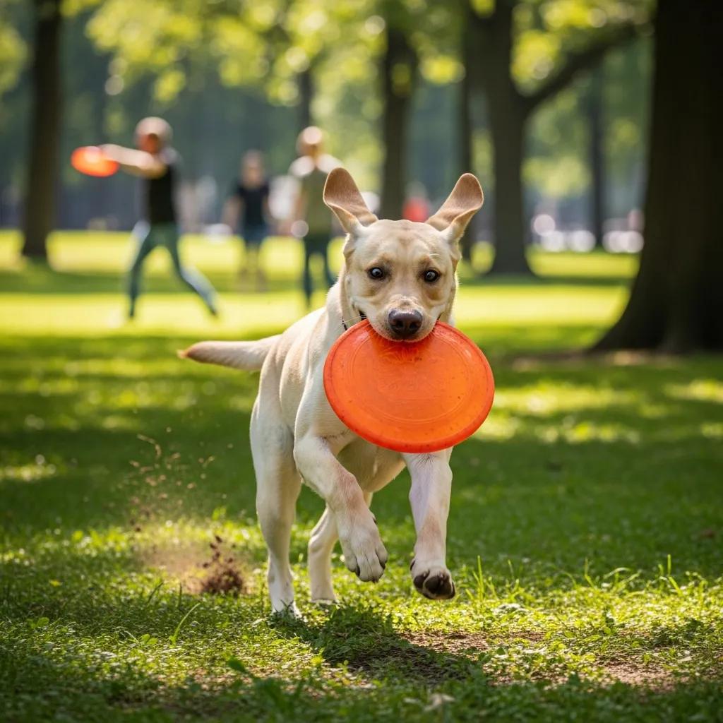 Energetic American Labrador Retriever puppy running in a park with a frisbee
