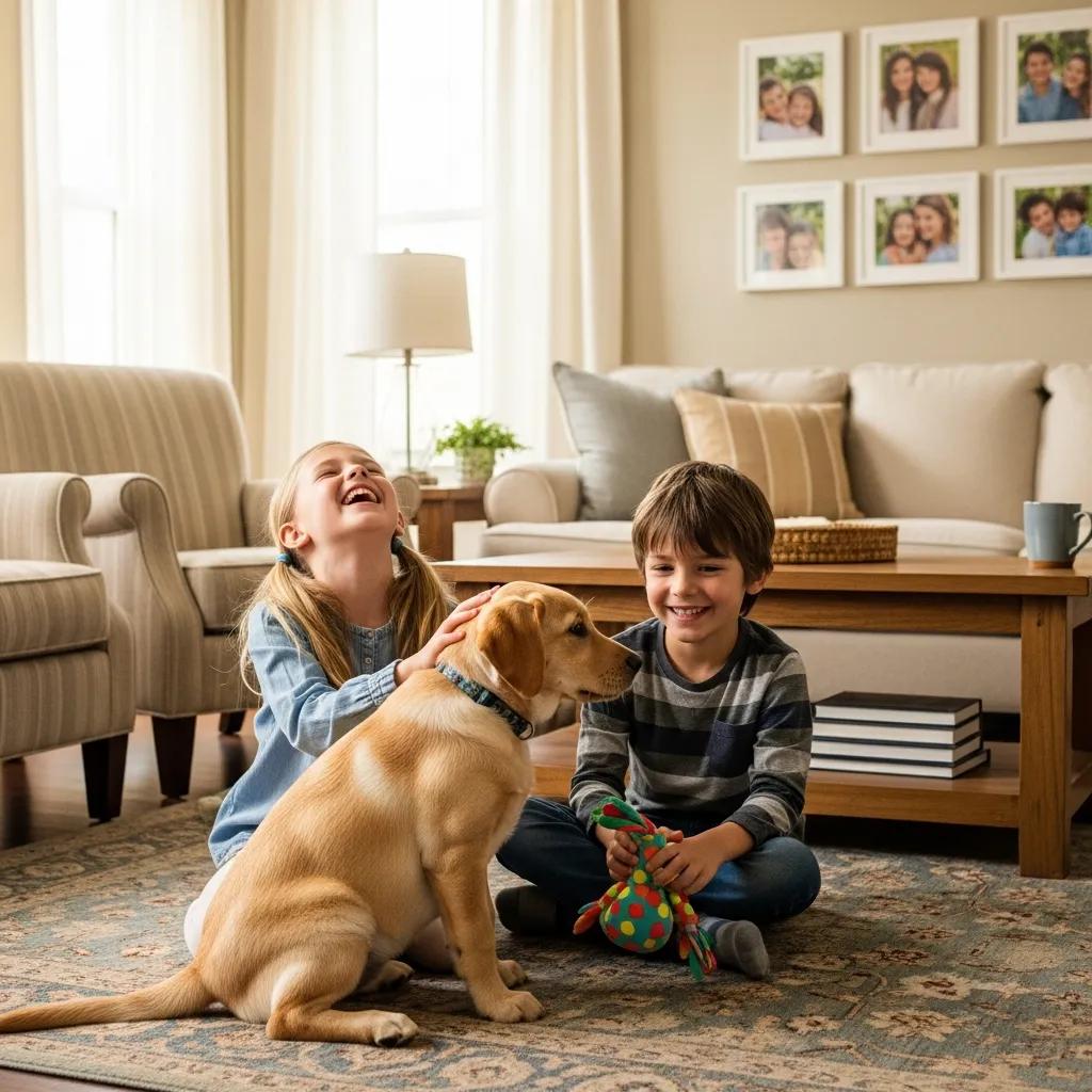 English Labrador Retriever puppy interacting with children in a family living room