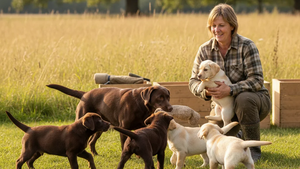 Berry Creek Labs & Cockers | Hunting Labrador Retrievers: Selecting Puppies from Field-Bred Lines Breeder holding a yellow Labrador Retriever puppy surrounded by field-bred Labrador puppies outdoors