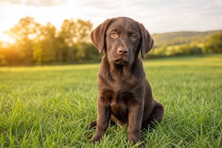 Berry Creek Labs & Cockers | Chocolate Labrador Puppies: Genetics, Health, and What Makes Them Special Young chocolate labrador puppy sitting in a lush green meadow at golden hour