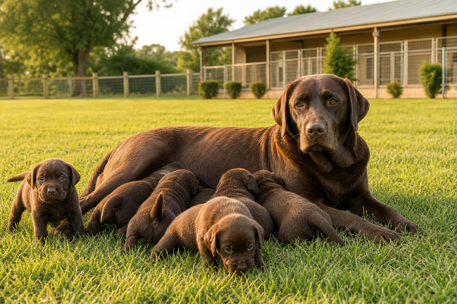 Berry Creek Labs & Cockers | Chocolate Labrador Puppies: Genetics, Health, and What Makes Them Special Chocolate Labrador retriever mother resting in a green field with her litter of chocolate lab puppies, warm golden afternoon light, outdoor kennel setting