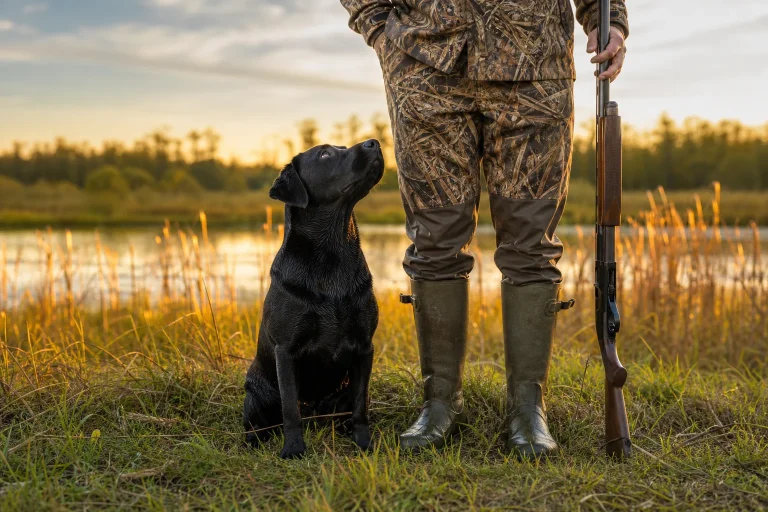 Berry Creek Labs & Cockers | Trained English Labrador Retrievers: Is a Pre-Trained Dog Right for You? Trained English Labrador Retriever sitting at heel beside a duck hunter in a Michigan marsh at golden hour