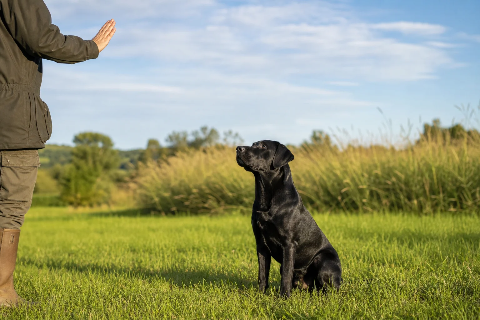 Berry Creek Labs & Cockers | Trained English Labrador Retrievers: Is a Pre-Trained Dog Right for You? English Labrador Retriever sitting at heel in a green field, awaiting a retrieve command from its handler