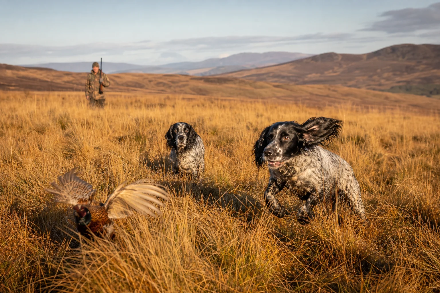 Berry Creek Labs & Cockers | English Field Bred Cocker Spaniels: The Versatile Hunting Companion English field bred cocker spaniels flushing upland birds in an autumn field at Berry Creek Labs