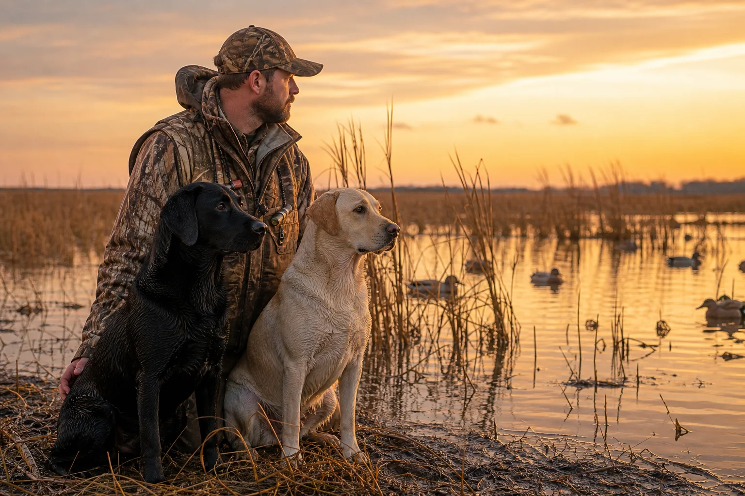 Berry Creek Labs & Cockers | Labrador Retriever Breeders in Illinois: Regional Guide Champion English labrador retrievers with handler in an Illinois duck marsh, representing quality labrador retriever breeders in Illinois