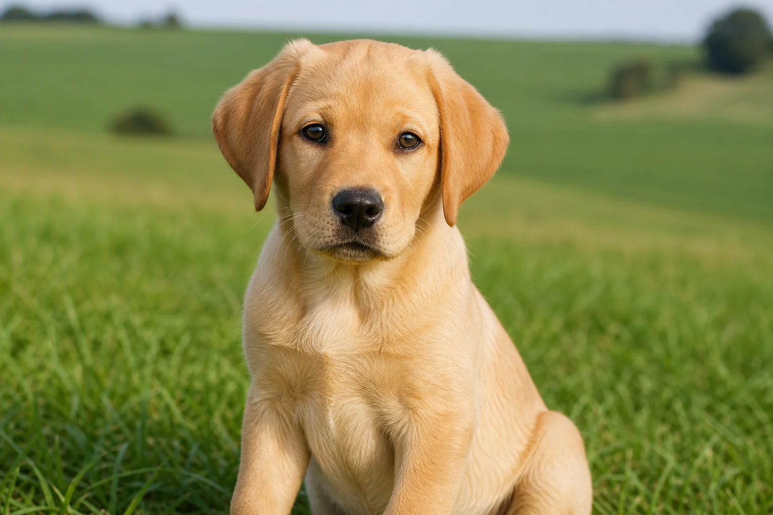 Berry Creek Labs & Cockers | Labrador Retriever Breeders in Illinois: Regional Guide A healthy British-type labrador retriever puppy with a blocky head sitting on green Illinois farmland