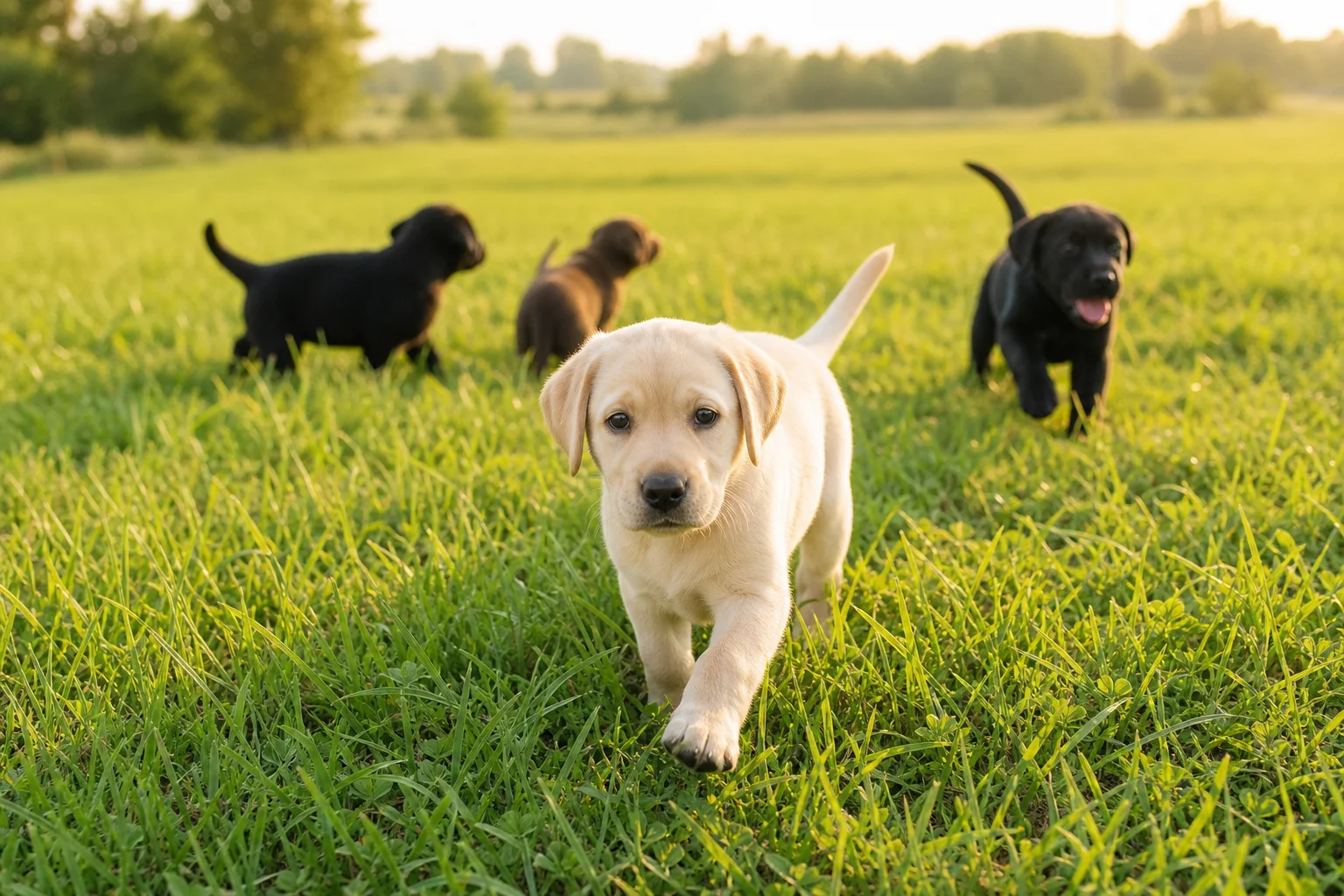 Berry Creek Labs & Cockers | Lab Puppies in Illinois: Your Local Guide to Finding Quality Breeders Lab puppies for sale in Illinois: a litter of British-type Labrador retriever puppies playing in a green field at golden hour