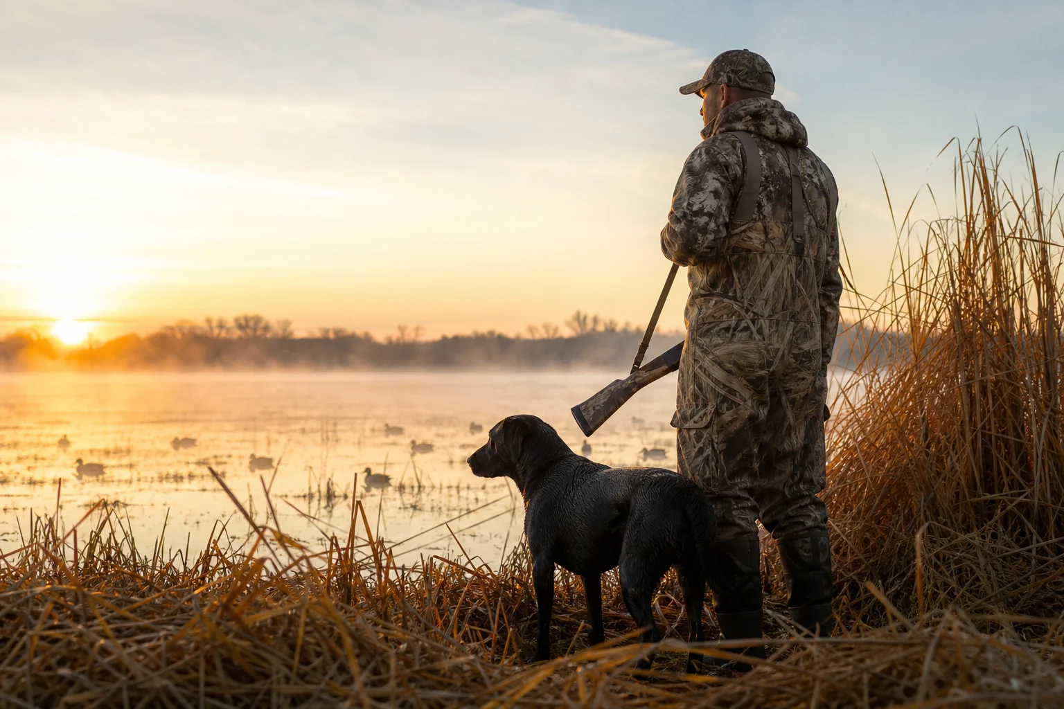 Berry Creek Labs & Cockers | Lab Puppies in Illinois: Your Local Guide to Finding Quality Breeders A trained black Labrador retriever working beside a hunter in camouflage in an Illinois wetland at dawn, golden light reflecting off the water