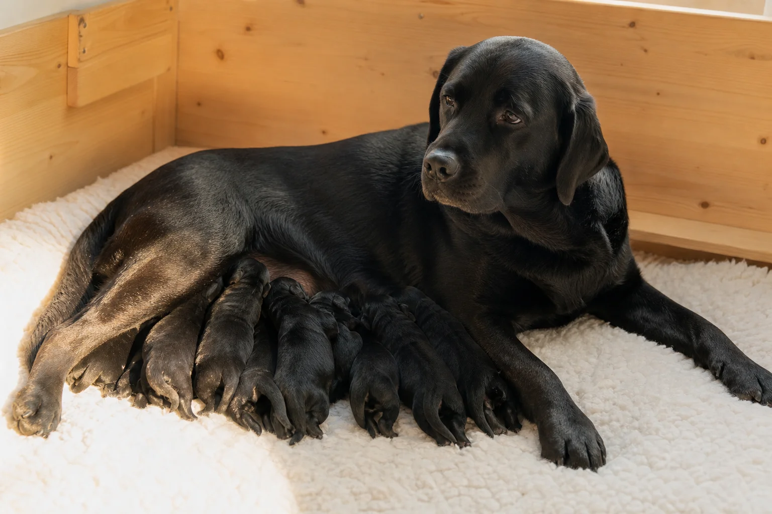 A litter of newborn British Labrador Retriever puppies nursing from their mother in a warmly lit whelping box, representing understanding labrador retriever litters from birth to eight weeks