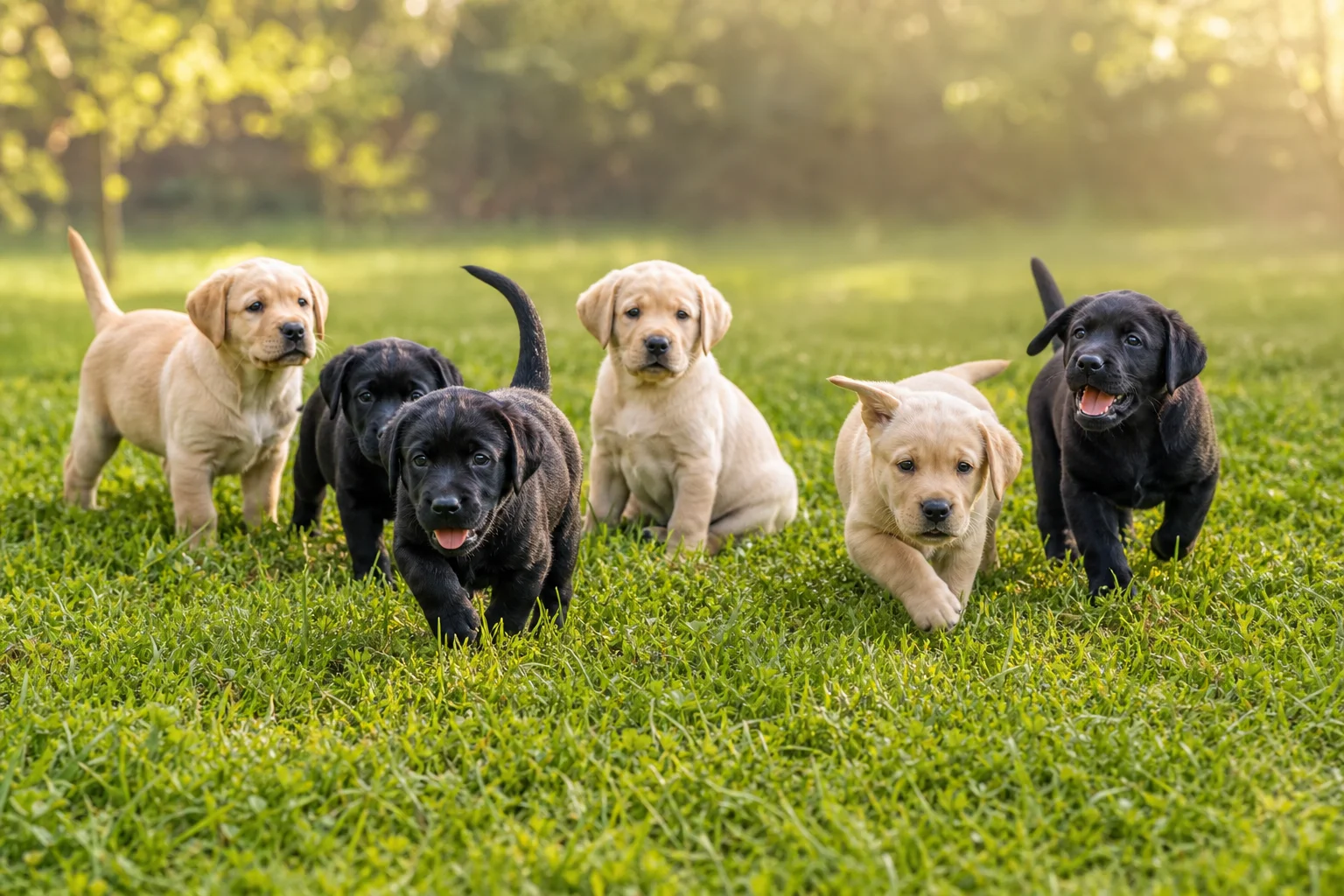 Six-week-old British Labrador Retriever puppies romping together in a sunny outdoor grass field during their critical socialization window