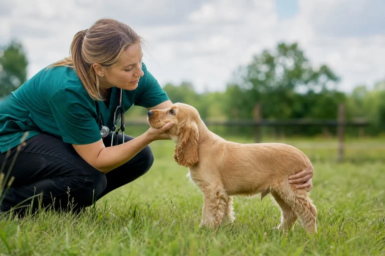 English Cocker Spaniel puppy receiving a veterinary health check as part of responsible breeder DNA testing