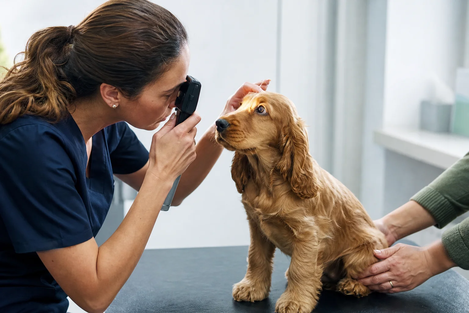 Veterinarian examining an English Cocker Spaniel puppy's eyes and hips during a routine health screening