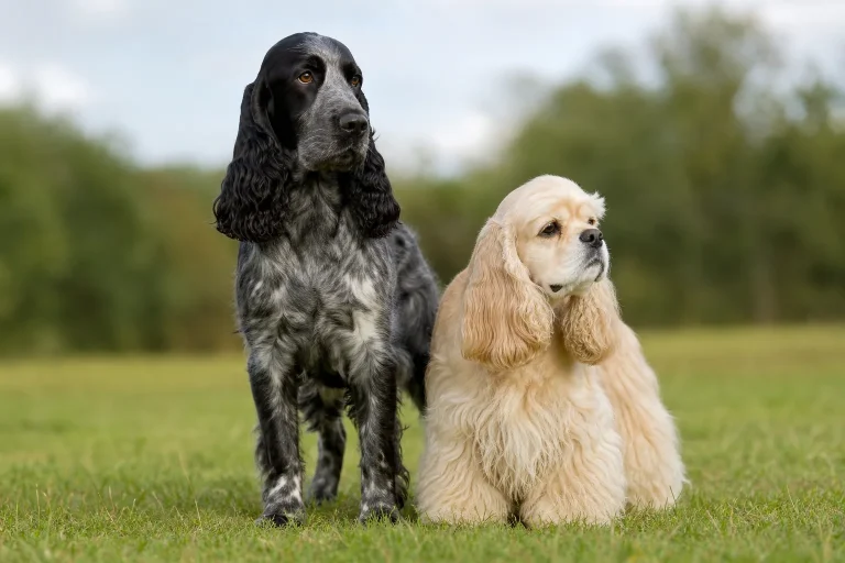 English Cocker vs American Cocker Spaniel comparison: two adult dogs standing side by side outdoors