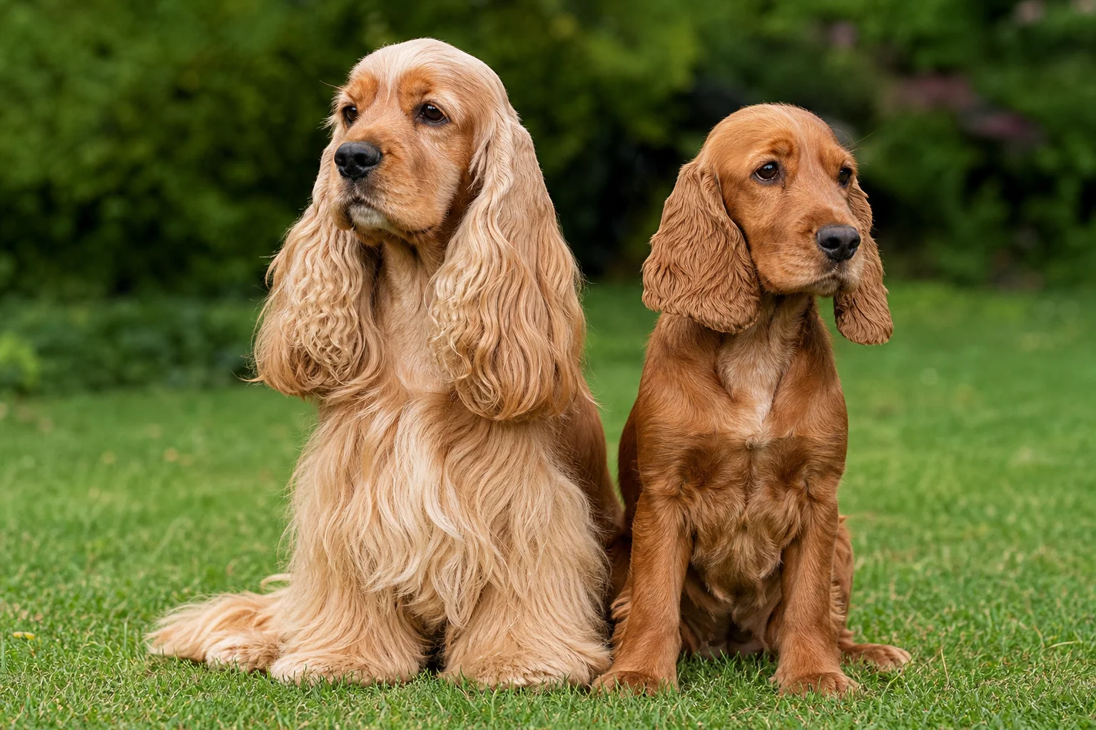 American Cocker Spaniel's long silky coat next to an English Cocker Spaniel's shorter coat