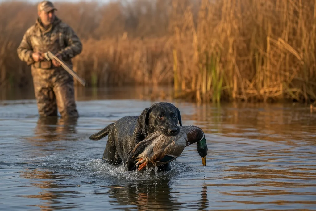 Hunting labs for sale in Illinois: black Labrador Retriever retrieving a duck from marsh water