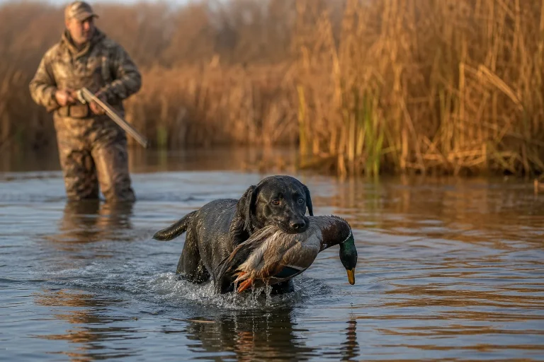 Hunting labs for sale in Illinois: black Labrador Retriever retrieving a duck from marsh water