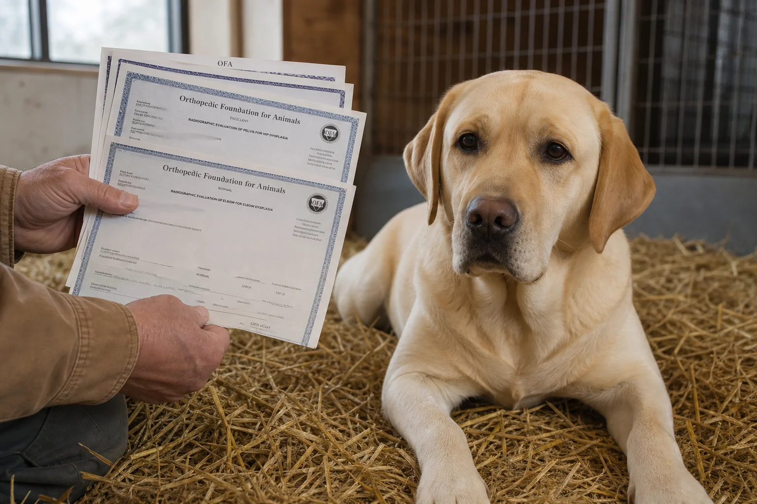 Illinois breeder reviewing OFA health clearance certificates beside a calm Labrador Retriever