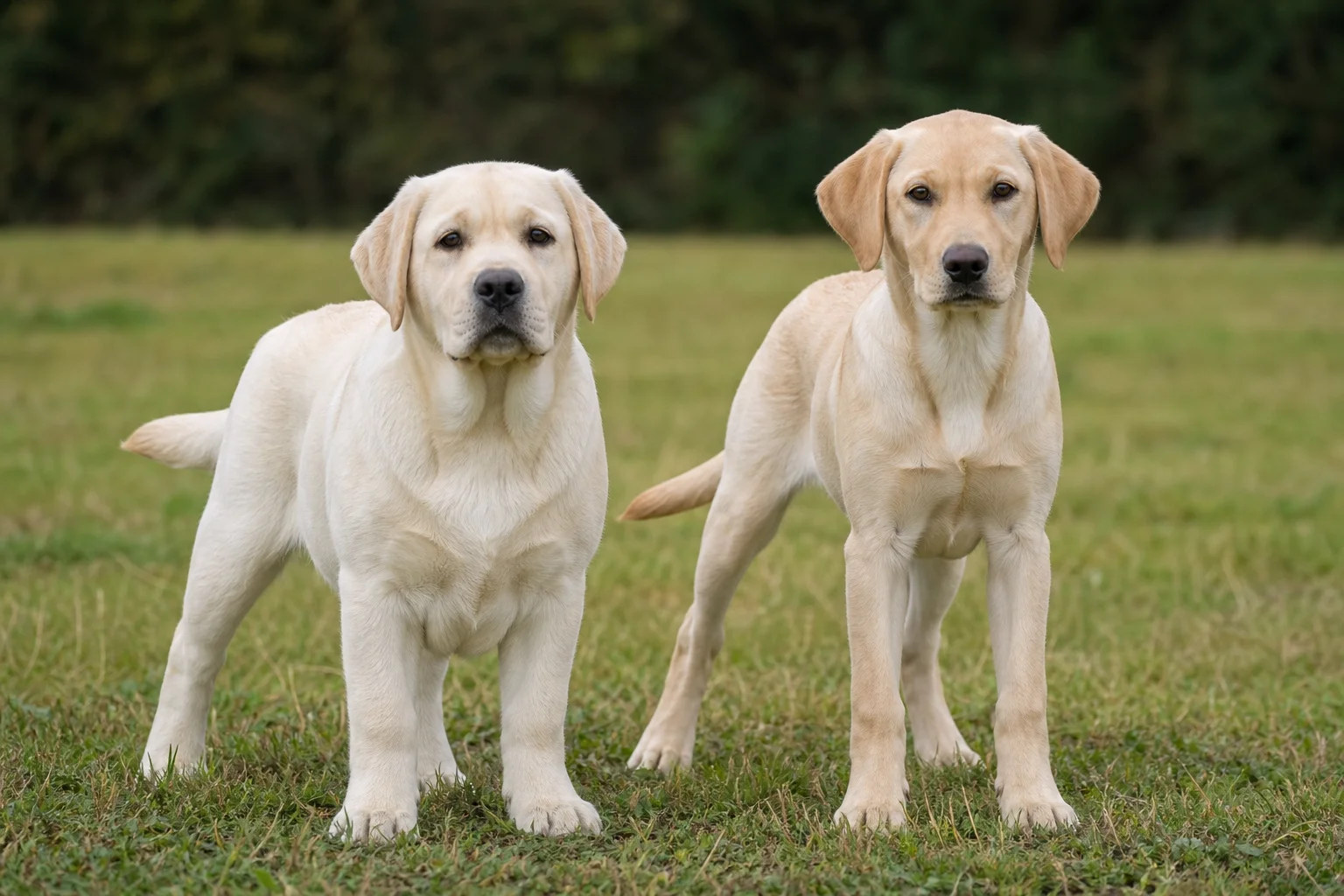 English Labrador Retriever puppy compared to an American field line Labrador puppy in a grass field