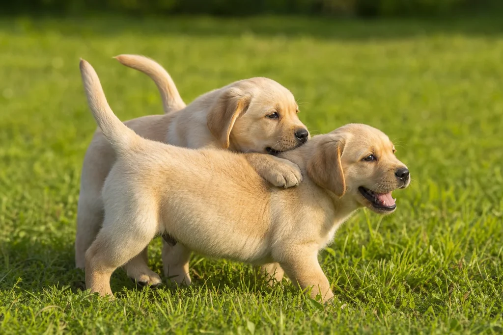 Yellow Labrador puppies playing together in a sunny grass field