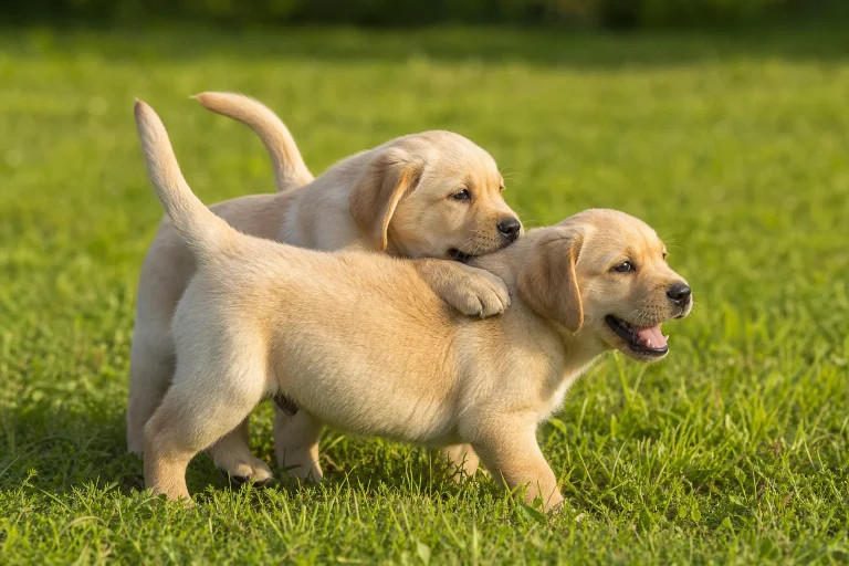 Yellow Labrador puppies playing together in a sunny grass field