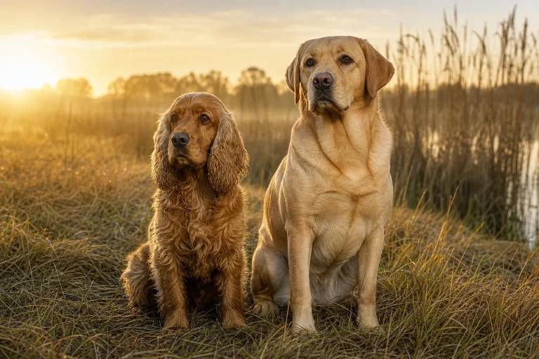 English Cocker or Labrador dogs sitting together in a golden marsh at sunrise