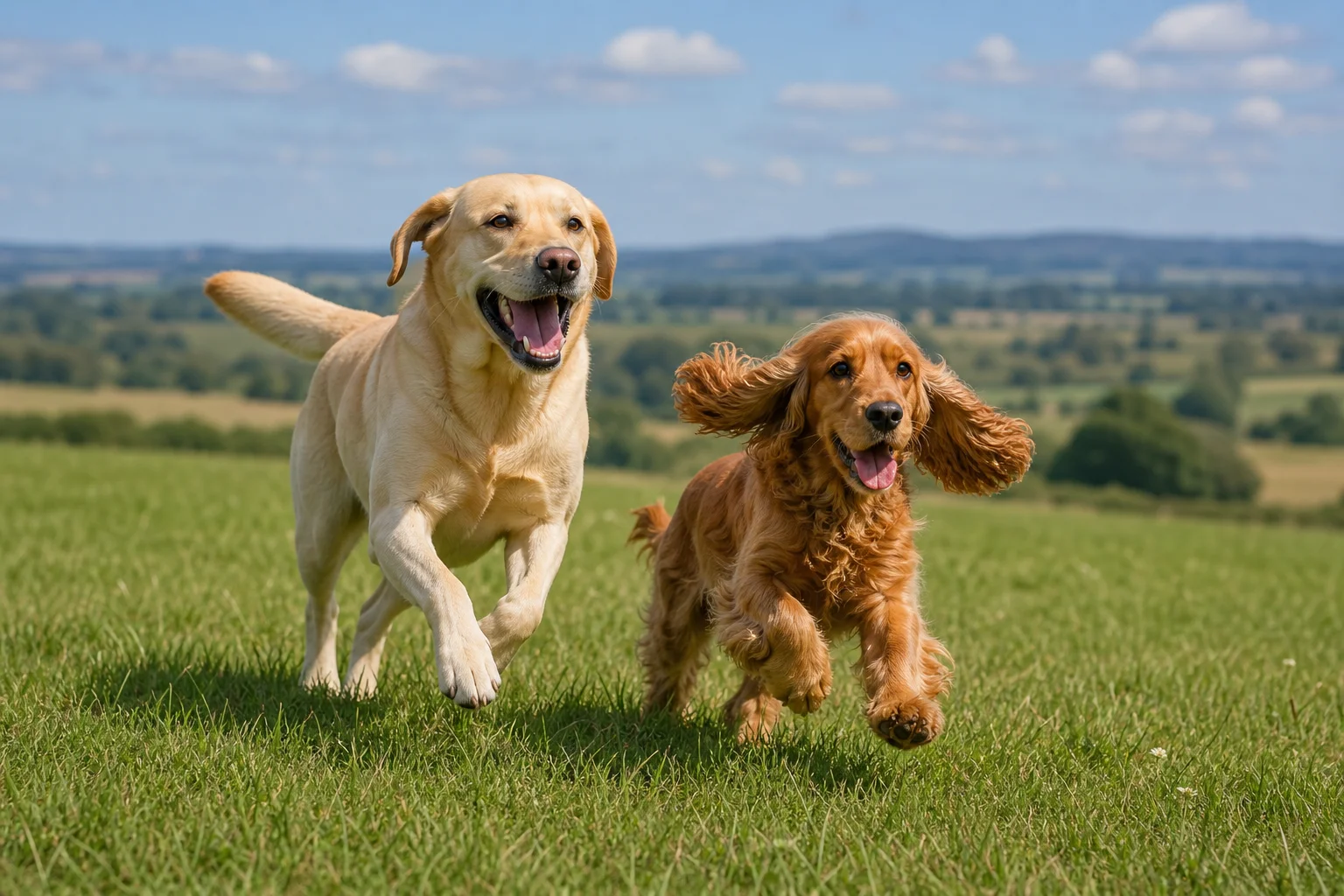 Labrador Retriever and English Cocker Spaniel running together across an open grass field for daily exercise