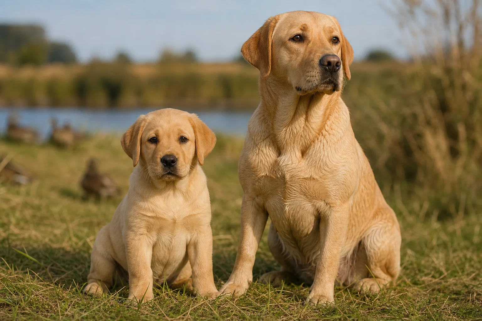 Health tested Labrador Retriever puppy sitting in a grass field beside its champion British-bred mother