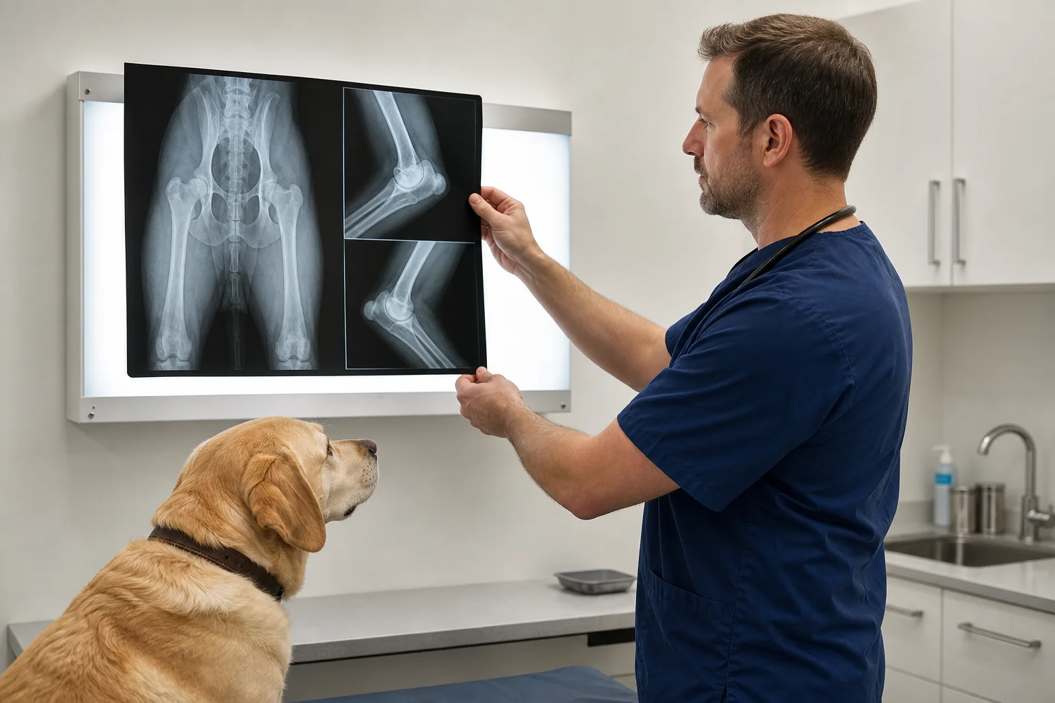 Veterinarian reviewing hip and elbow radiographs of an adult Labrador Retriever during an OFA evaluation