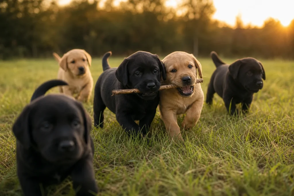 Healthy Labrador Retriever puppies playing in a grass field, illustrating why lab puppies for sale cheap need a closer look