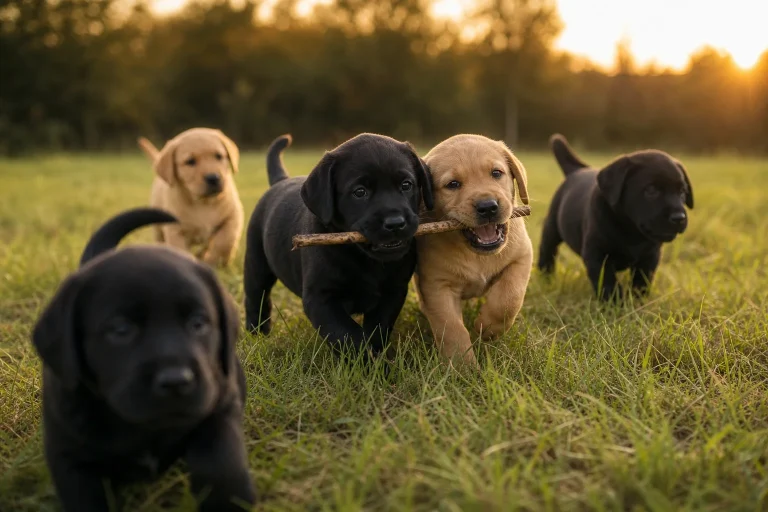 Healthy Labrador Retriever puppies playing in a grass field, illustrating why lab puppies for sale cheap need a closer look