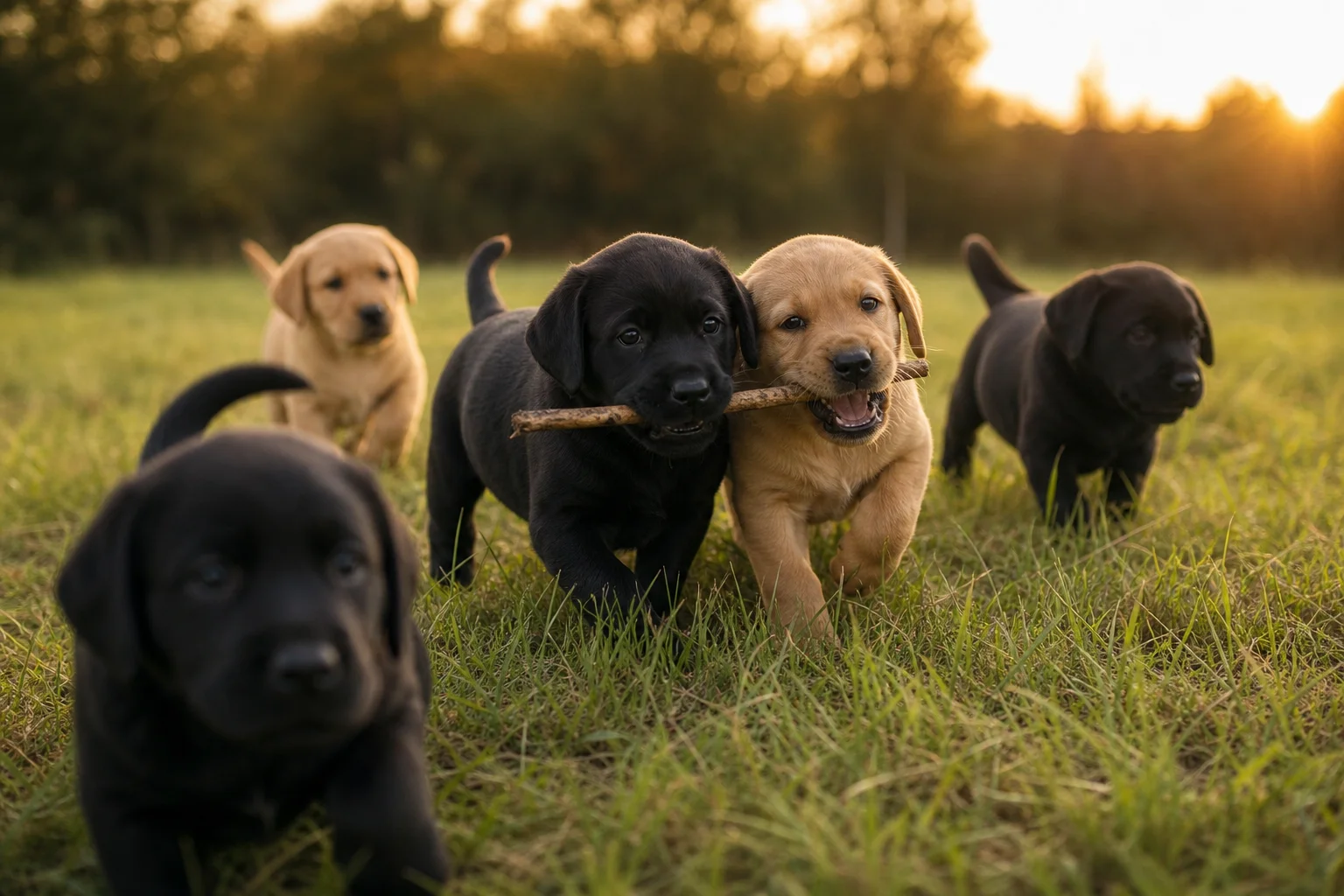 Healthy Labrador Retriever puppies playing in a grass field, illustrating why lab puppies for sale cheap need a closer look