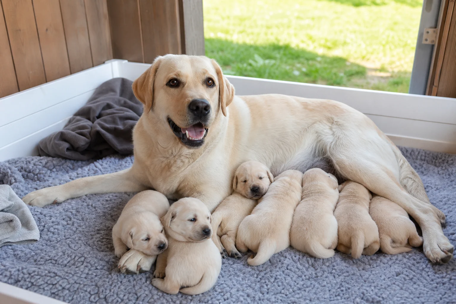 Litter of Labrador Retriever puppies resting with their mother in a clean, spacious whelping area