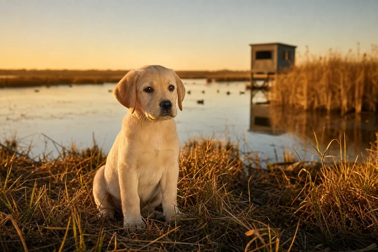 British Labrador puppy sitting in marsh grass at sunrise near a duck blind, timed for when to buy a duck dog for this season