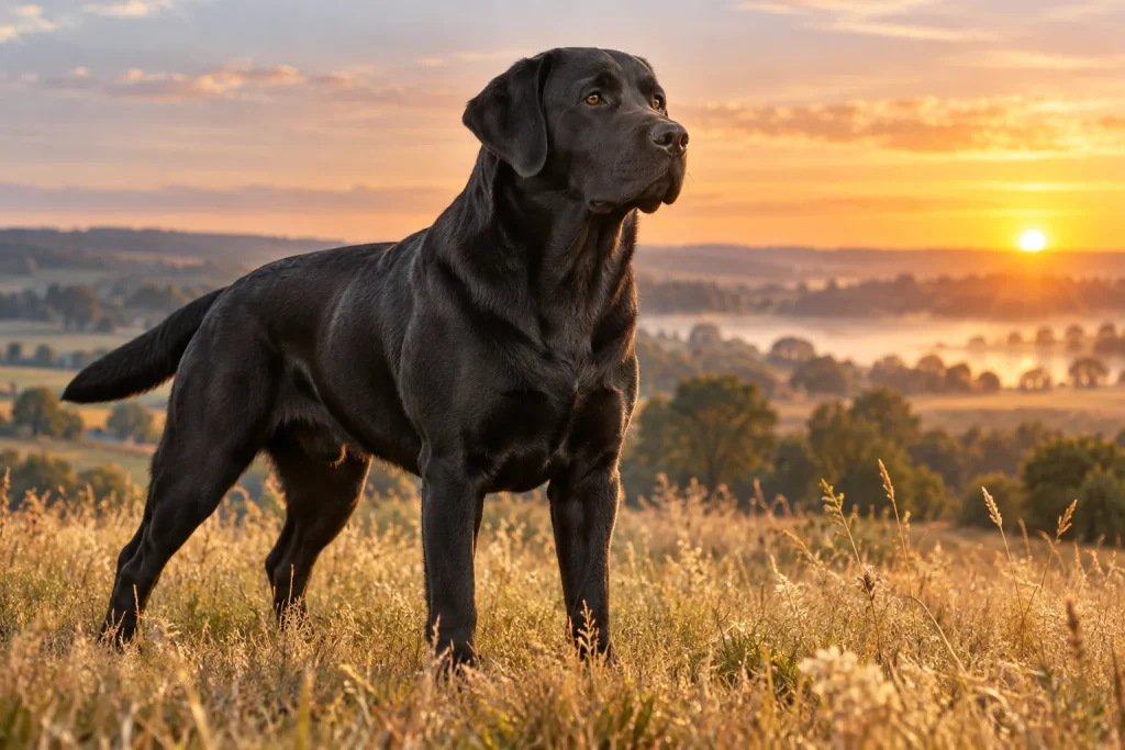 Champion British Labrador Retriever stud dog standing in a grass field before a Labrador stud service booking