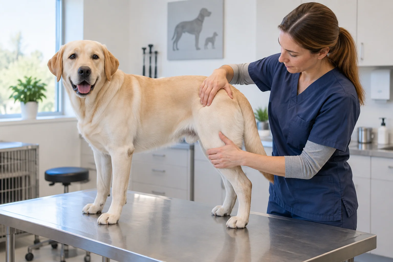 A veterinarian examining a Labrador Retriever's hips during a health clearance exam in a bright clinic
