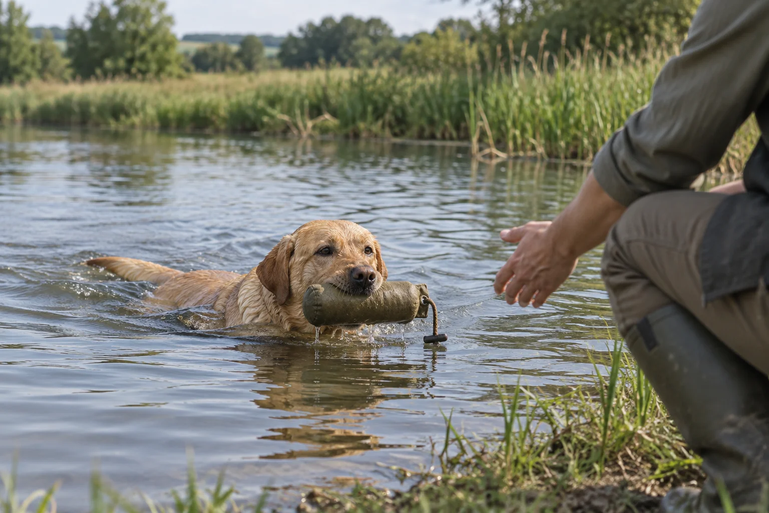 A Labrador retriever making a water retrieve during a started gun dog's field evaluation