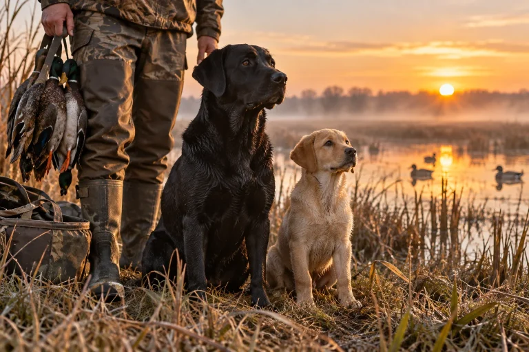 Two Labrador retrievers at different training stages sit alert together at the edge of a marsh at sunrise