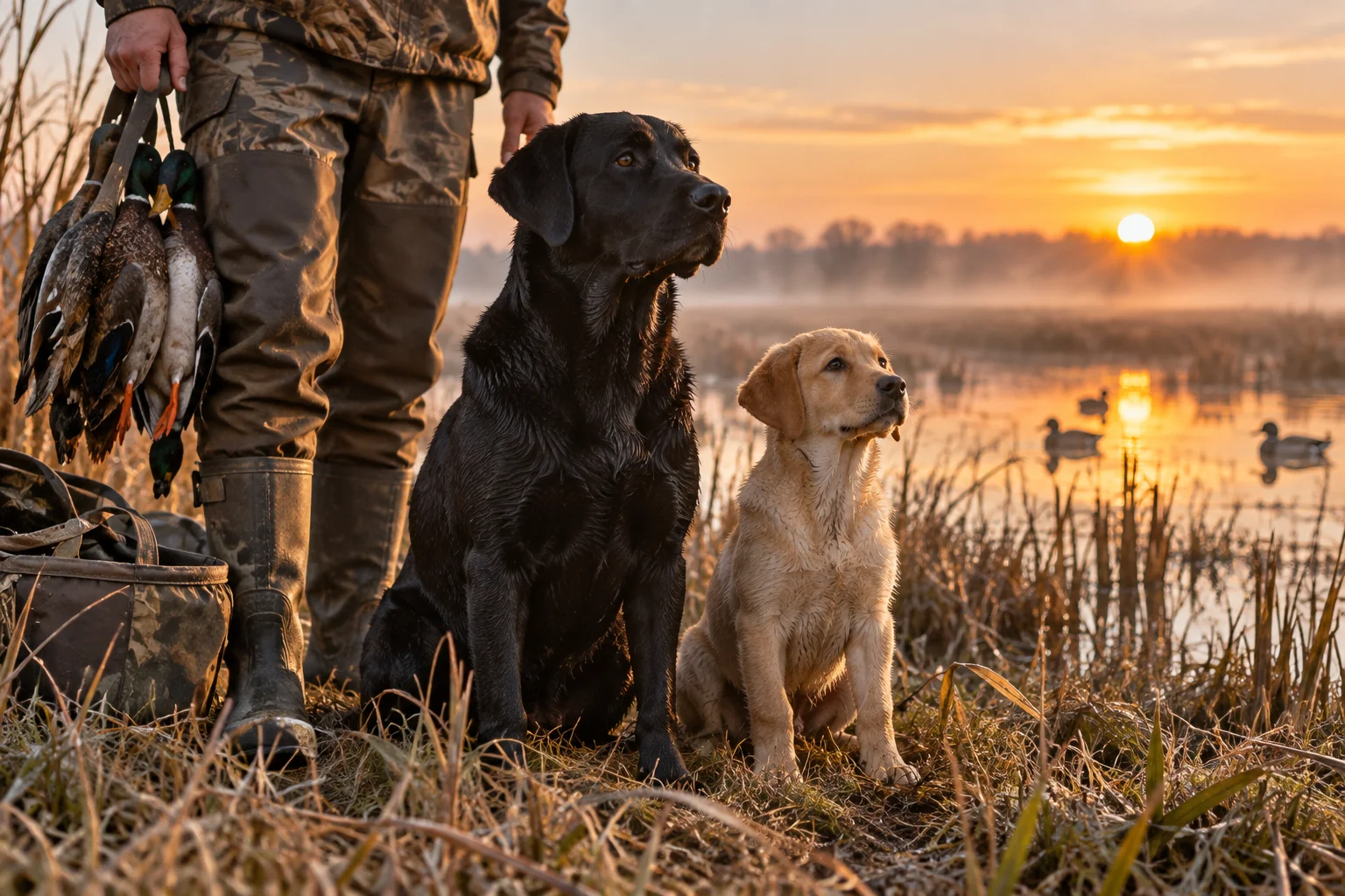 Two Labrador retrievers at different training stages sit alert together at the edge of a marsh at sunrise