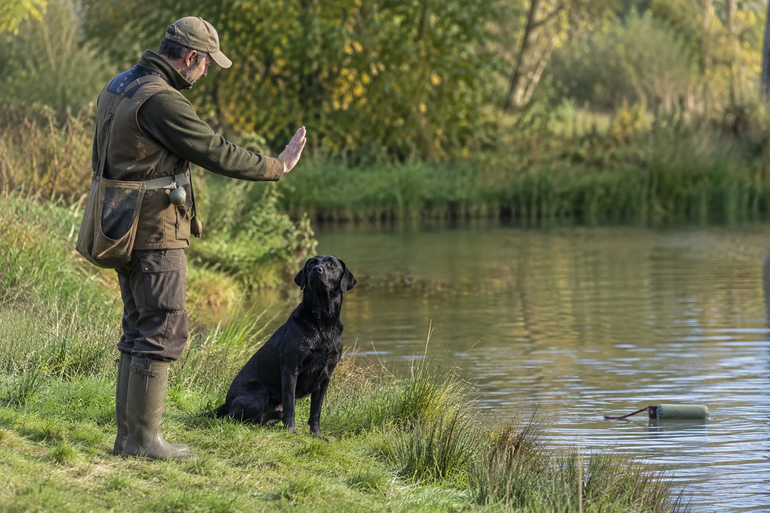 A professional trainer works a Labrador retriever through a steady hand signal drill near a training pond