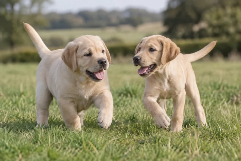 UK import or US bred Labrador puppies playing together in a grass field