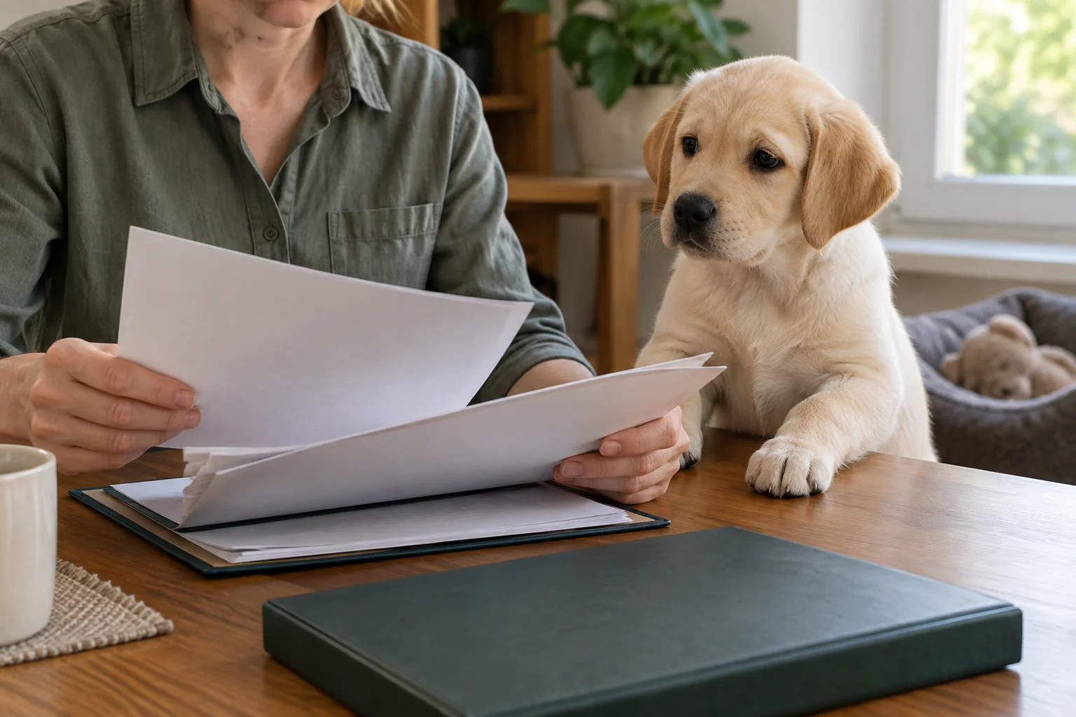 Breeder's hands reviewing UK Kennel Club export pedigree papers beside a Labrador puppy
